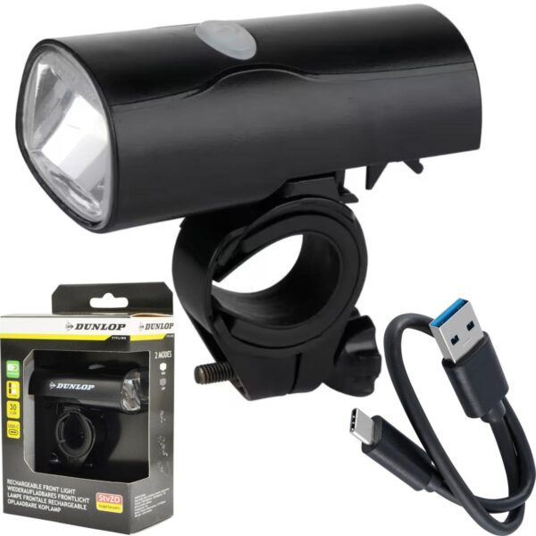 LAMPKA ROWEROWA PRZEDNIA LED USB-C CERTYFIKAT 2 TRYBY DUNLOP